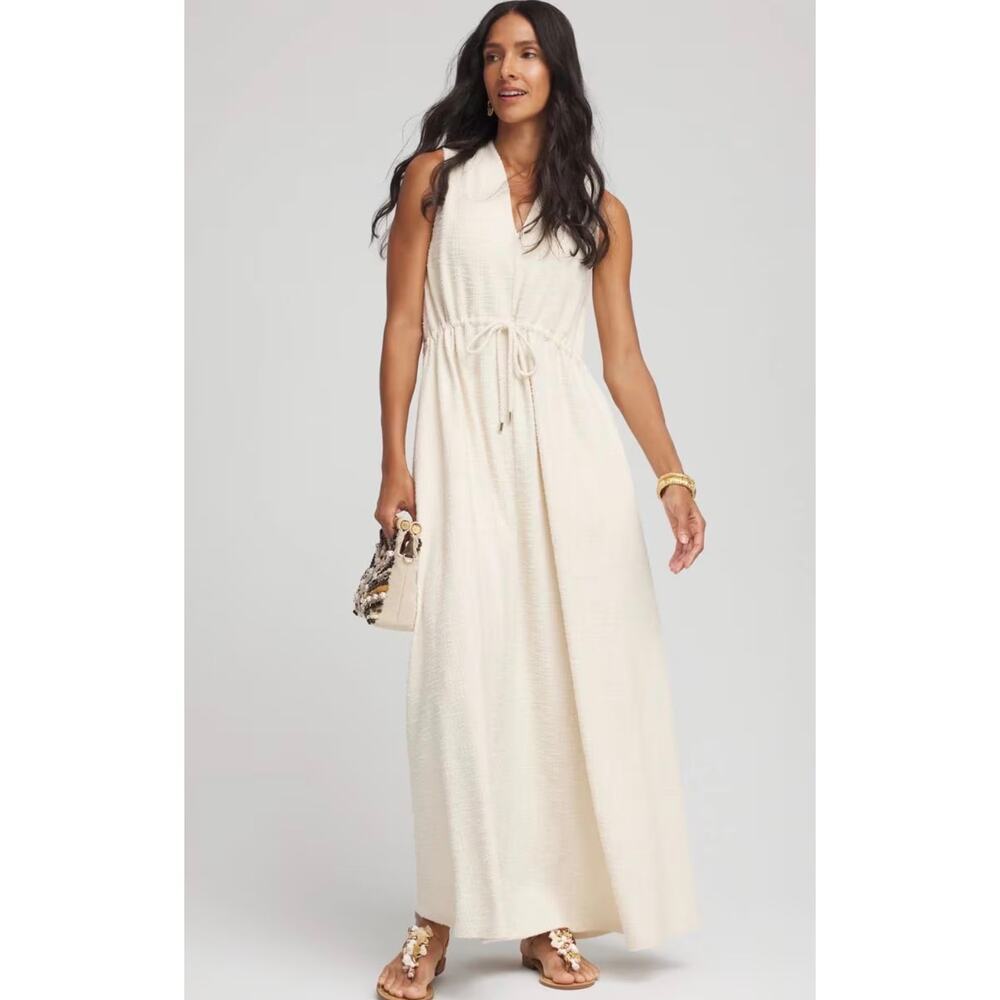 Chico’s Sleeveless Tweed Maxi Dress Natural Textured Resort Coastal Luxury NWT S